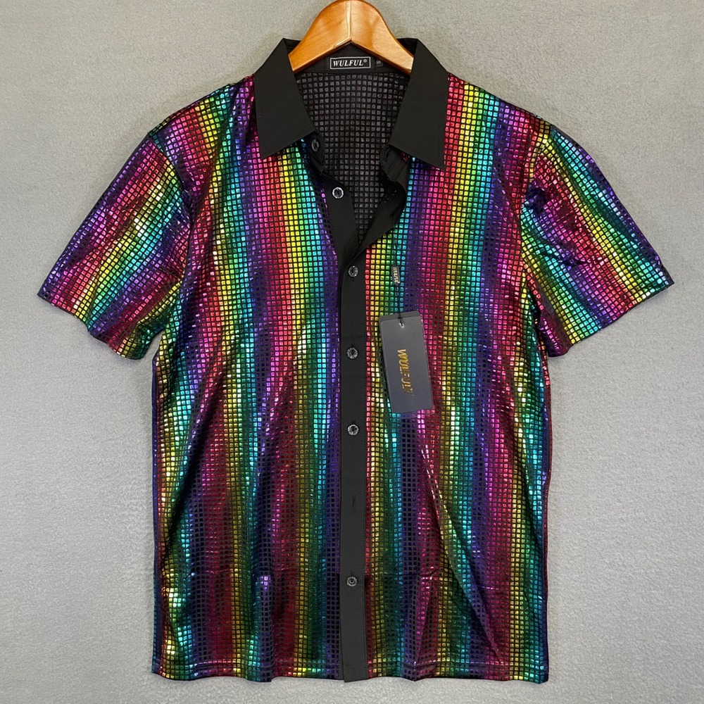 WULFUL Mens Small Metallic Rainbow Disco Button Shirt Festival Rave Shiny